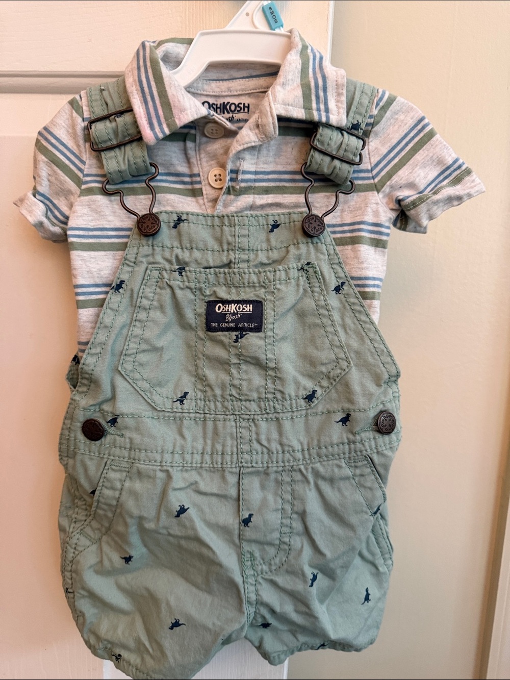 OshKosh B'gosh Sage Green Overalls with Navy Dino Embroidery